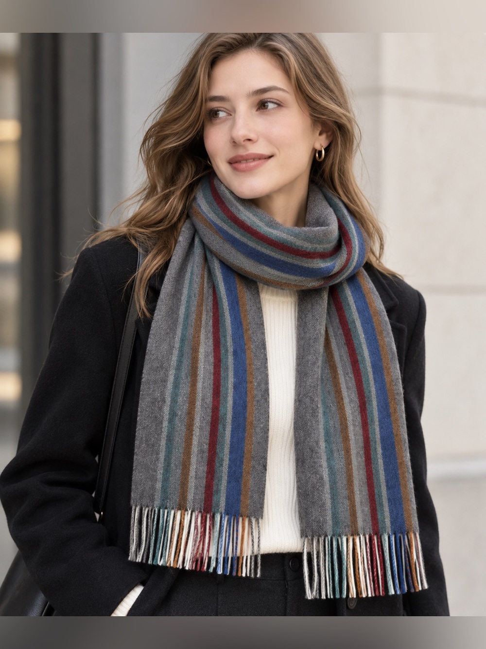 100% Wool Scarf Gray Multicolor Striped Fringe Soft Winter Unisex 61”